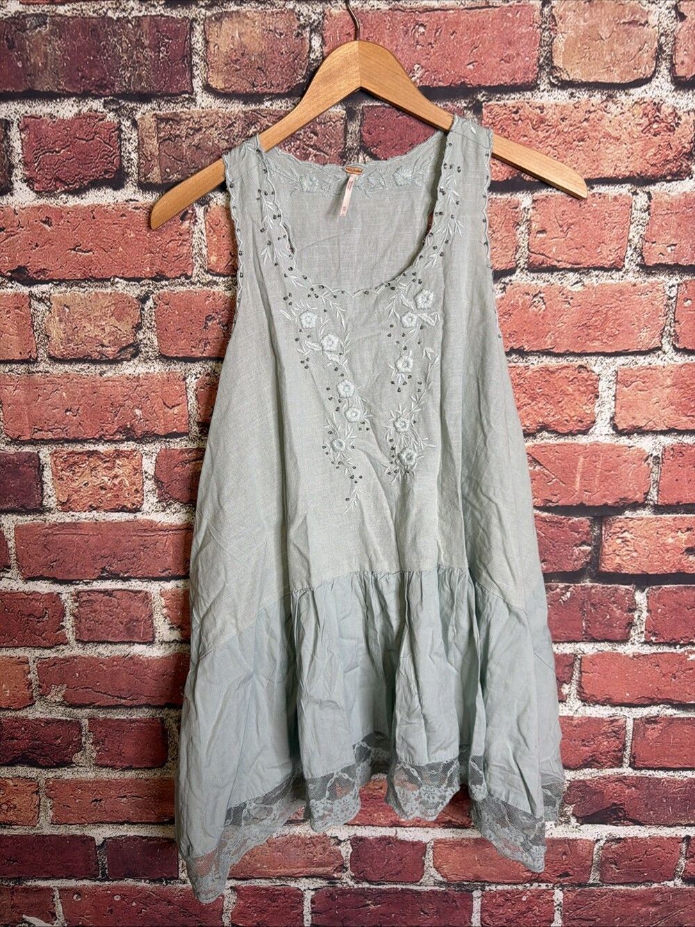 Free People Women Olive Green Lace Tunic Tank Embroidered XS